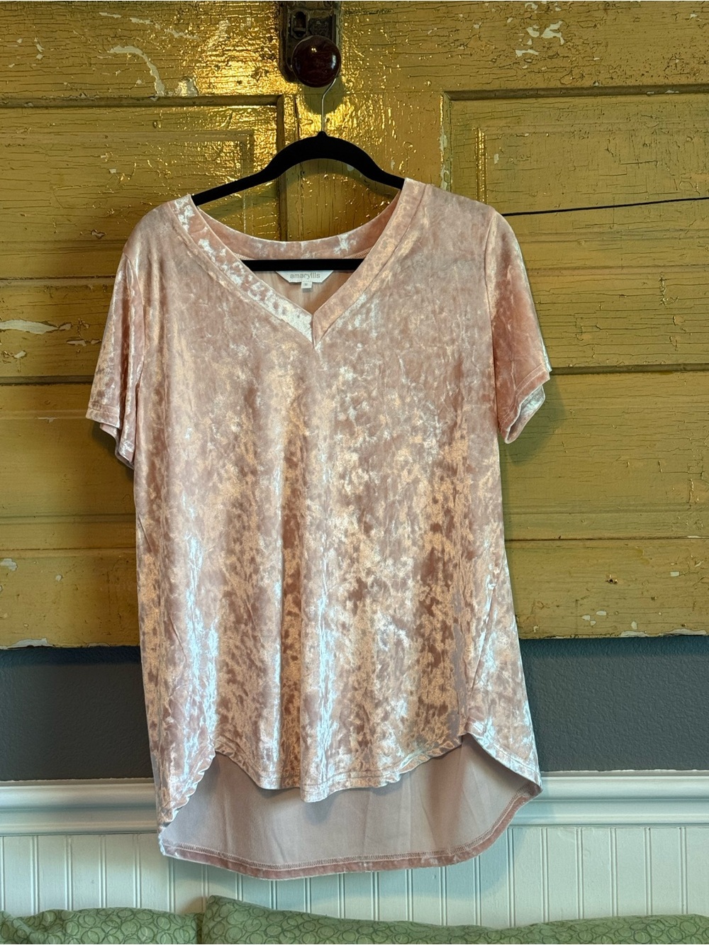 Anthropologie Crushed Velvet V-Neck Top in Blush Pink